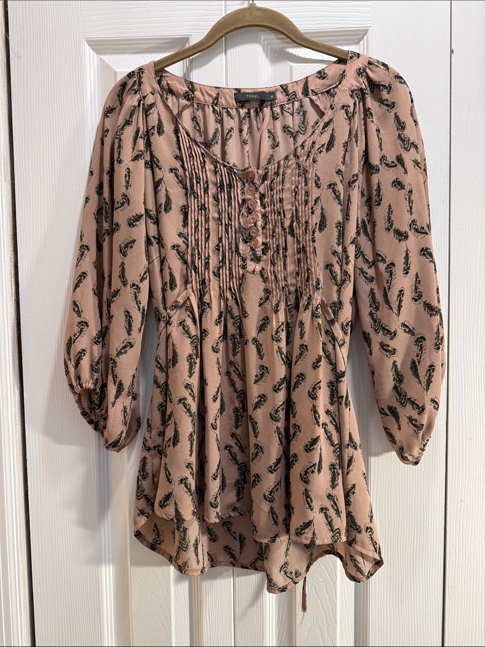 THML Blush Pink Feather-Print Peasant Tunic